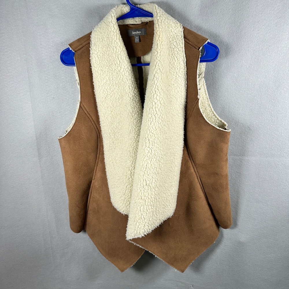 Neiman Marcus Vest Women M Brown Faux Suede Sherpa Lined Winter Outerwear